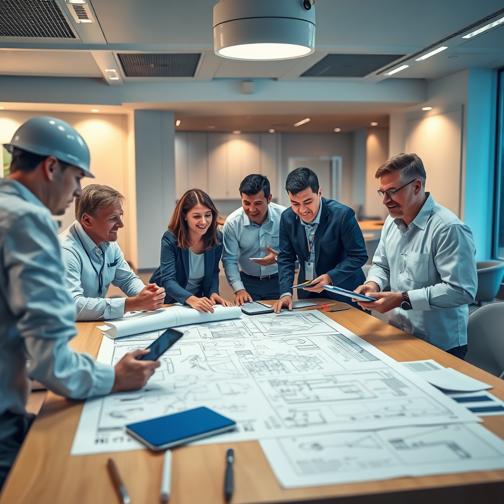Create a photorealistic image portraying a team of engineers discussing a complex marine project around a table covered in technical drawings. The space should be well-lit with modern design elements. Warm lighting conveys a friendly atmosphere, while the color scheme should include crisp whites and blues to hint at a marine context. Include diverse team members engaged in animated conversation, reflecting collaboration and expertise. The textures of paper and high-tech devices should be clear. Aim for high-resolution clarity.
