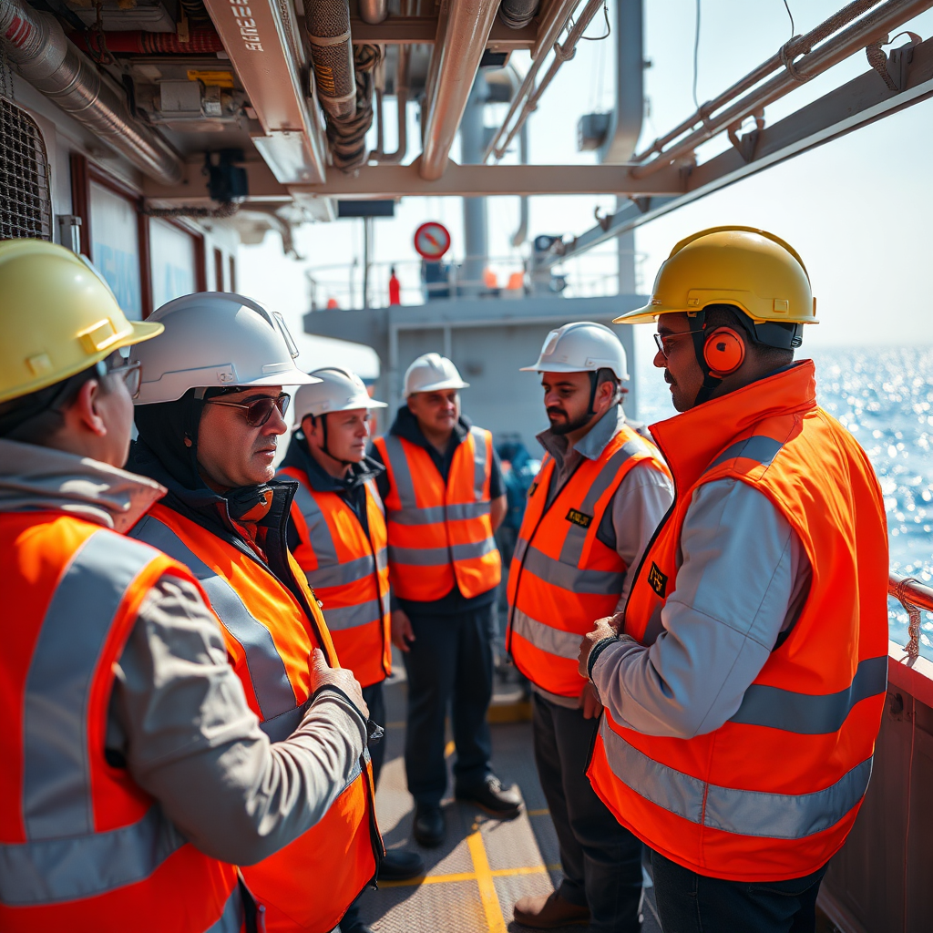 Create a photorealistic image demonstrating A2 DYNATECH SOLUTIONS SDN BHD's commitment to safety. Show a safety inspection scene onboard a vessel, with inspectors and crew interacting, all wearing safety gear. The lighting should be daytime with natural light reflecting off the water. A color palette of bright colors showcasing safety vests creates a striking visual contrast. The detailed textures of the structures and equipment should be visible. Aim for high-resolution quality to capture realism.