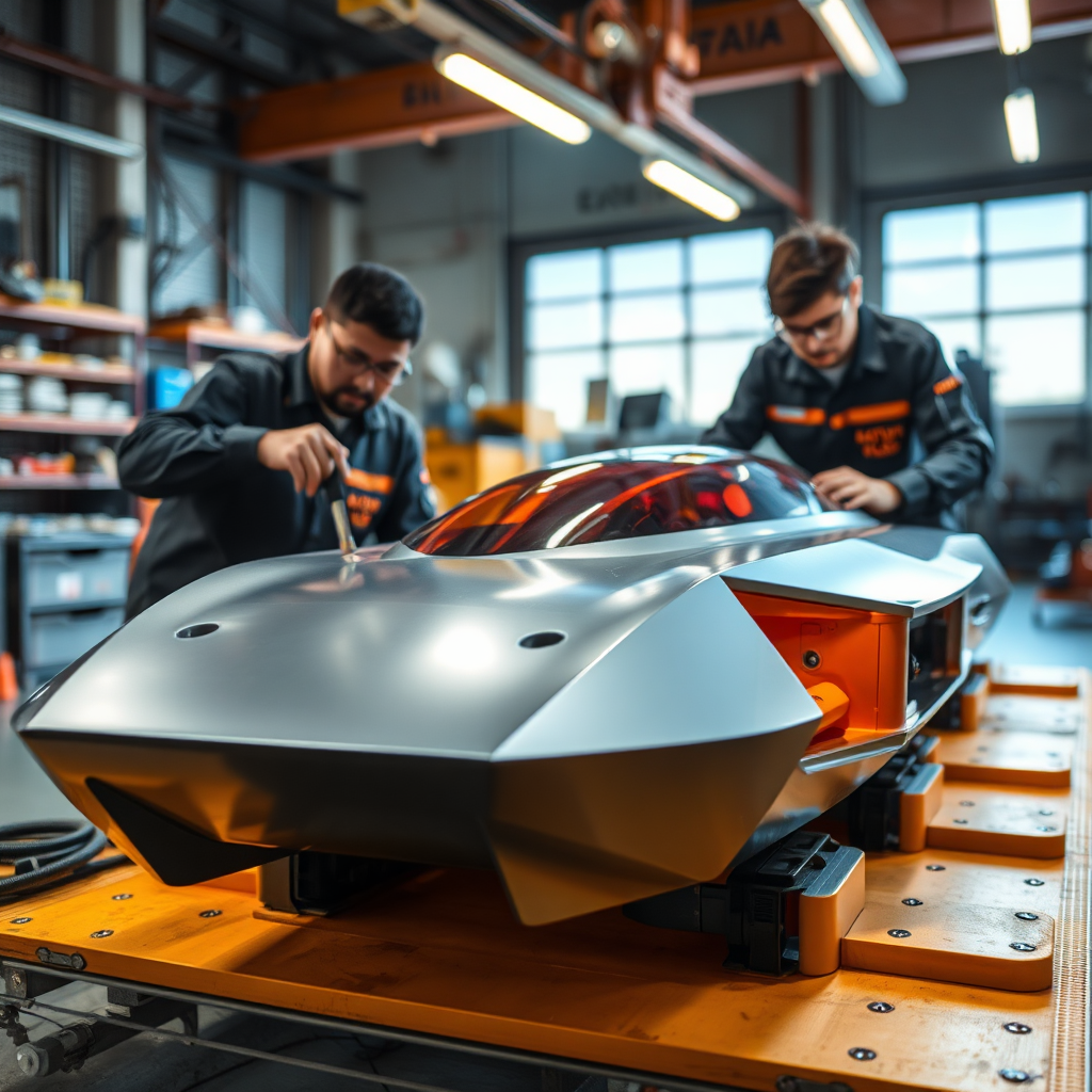 Design a dynamic visual capturing the essence of innovation at A2 DYNATECH SOLUTIONS SDN BHD. The image should showcase a cutting-edge marine engineering prototype in a workshop setting, with engineers actively working on it. Utilize dramatic lighting to accentuate the engineering elements, combined with a color palette featuring metallic greys and bright accent colors. Focus on the details of the prototype and the tools used, creating a sense of forward motion and creative energy. The camera angle should allow for depth and context, maintaining high resolution.