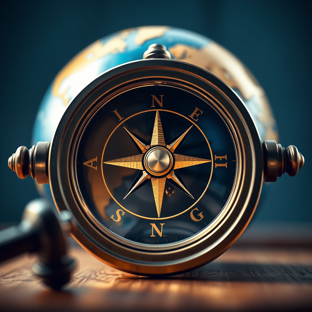 Visualize a high-quality photorealistic image representing the vision and mission of A2 DYNATECH SOLUTIONS SDN BHD. The image should feature a compass with a globe in the background, symbolizing direction and global outreach. Use natural, soft lighting to create an inspirational ambiance. A color palette of deep blues and golds should resonate with maritime themes. The composition should focus on textures in the compass and globe, inviting viewers into an engaging metaphor of guidance and ambition. Aim for 4K resolution.